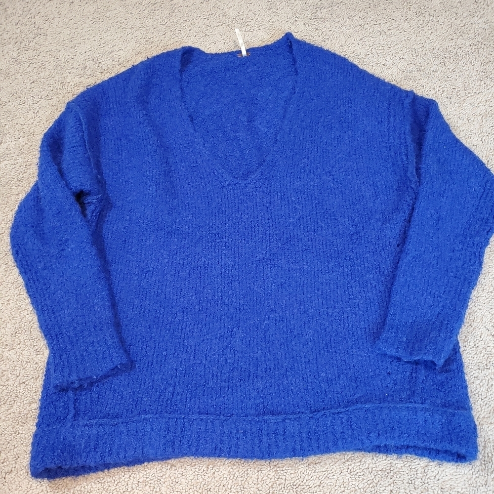 Alpaca And Acrylic Free People Cozy Blue Oversized V-Neck Sweater